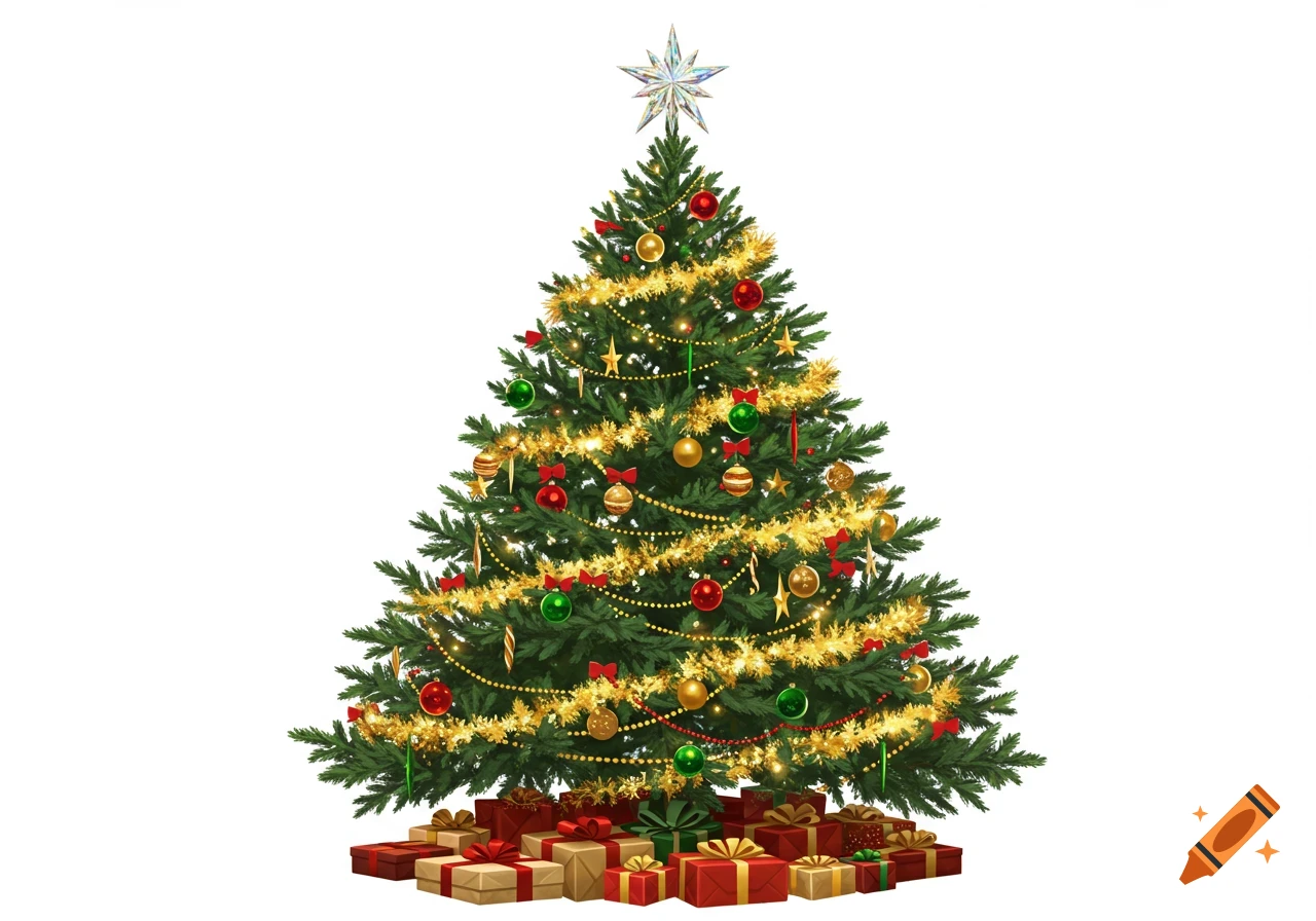 A vibrant, decorated Christmas tree with a star, tinsel, ornaments, and gifts against a white background.