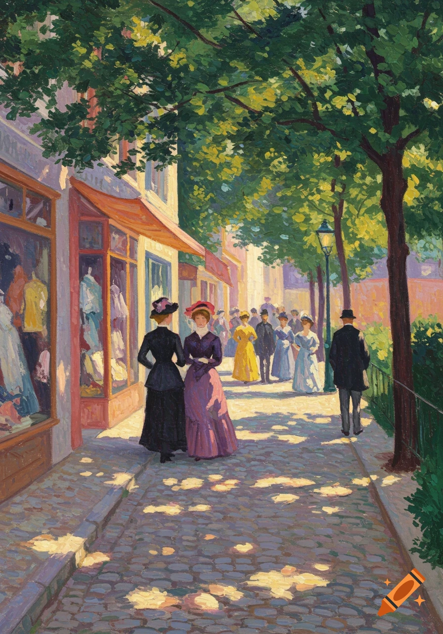 Colorful painting of people walking along a sun-dappled street with shops and trees, in an impressionistic style.