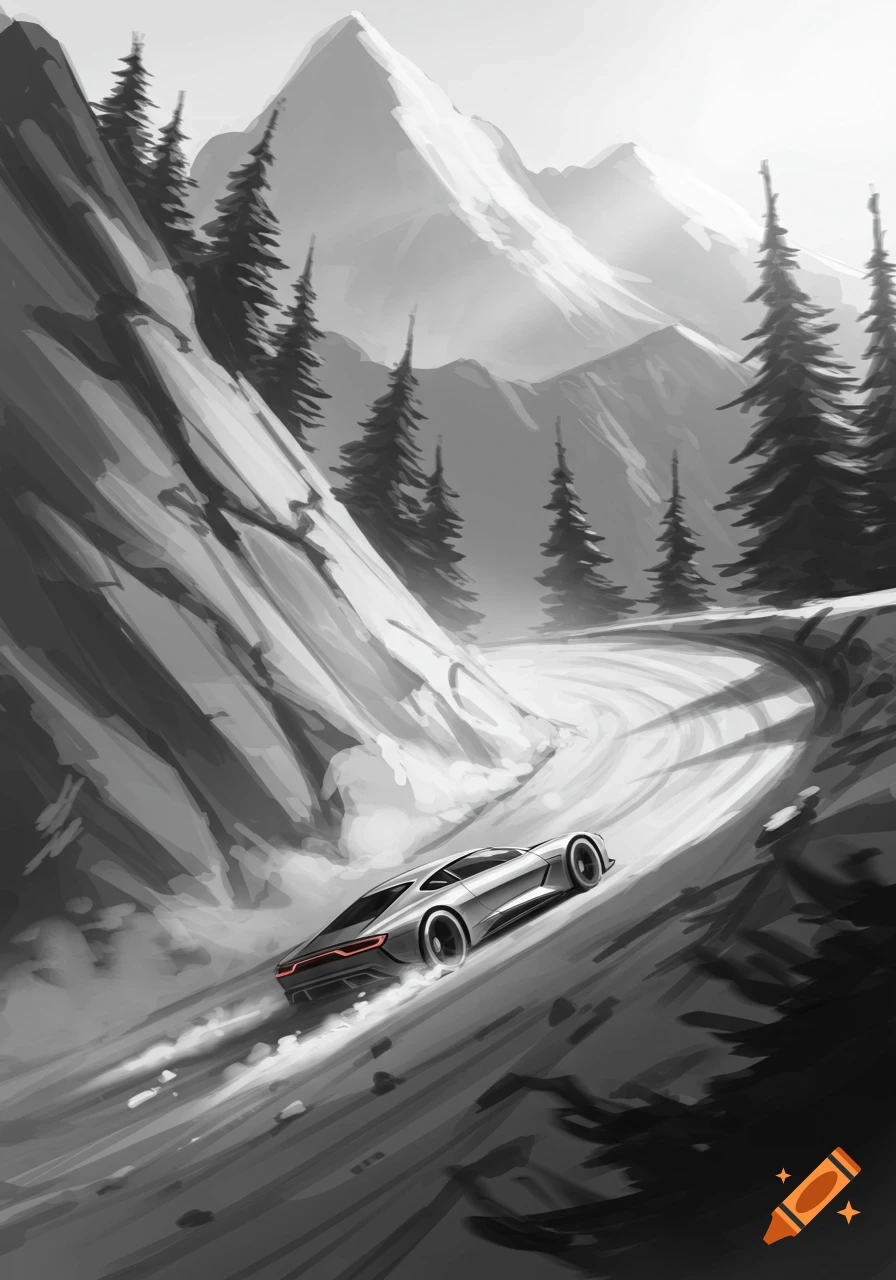 A grayscale sketch of a stylized sports car speeding down a winding mountain road with pine trees and snow-capped peaks.