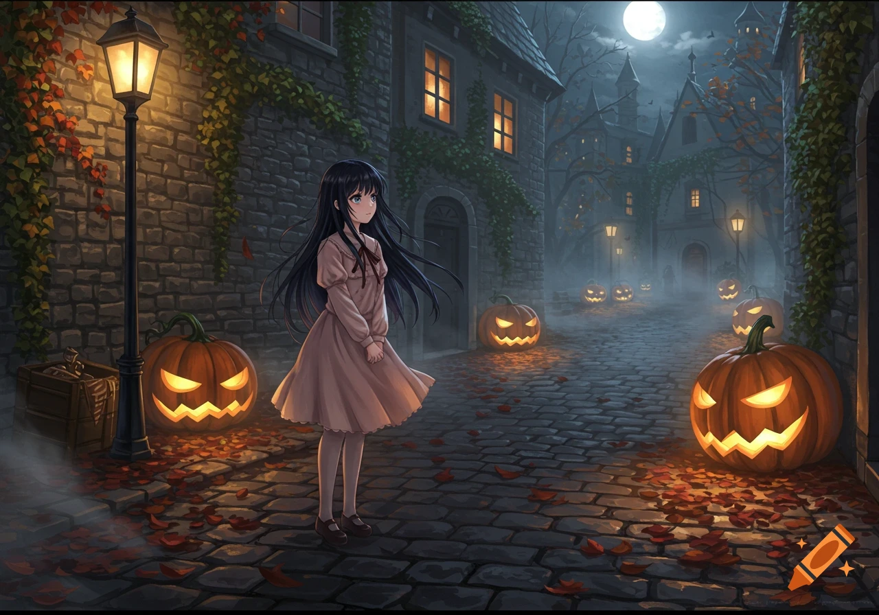 An anime girl on a cobblestone street at night, illuminated by glowing jack-o'-lanterns and lamplight, in a dark Halloween town.