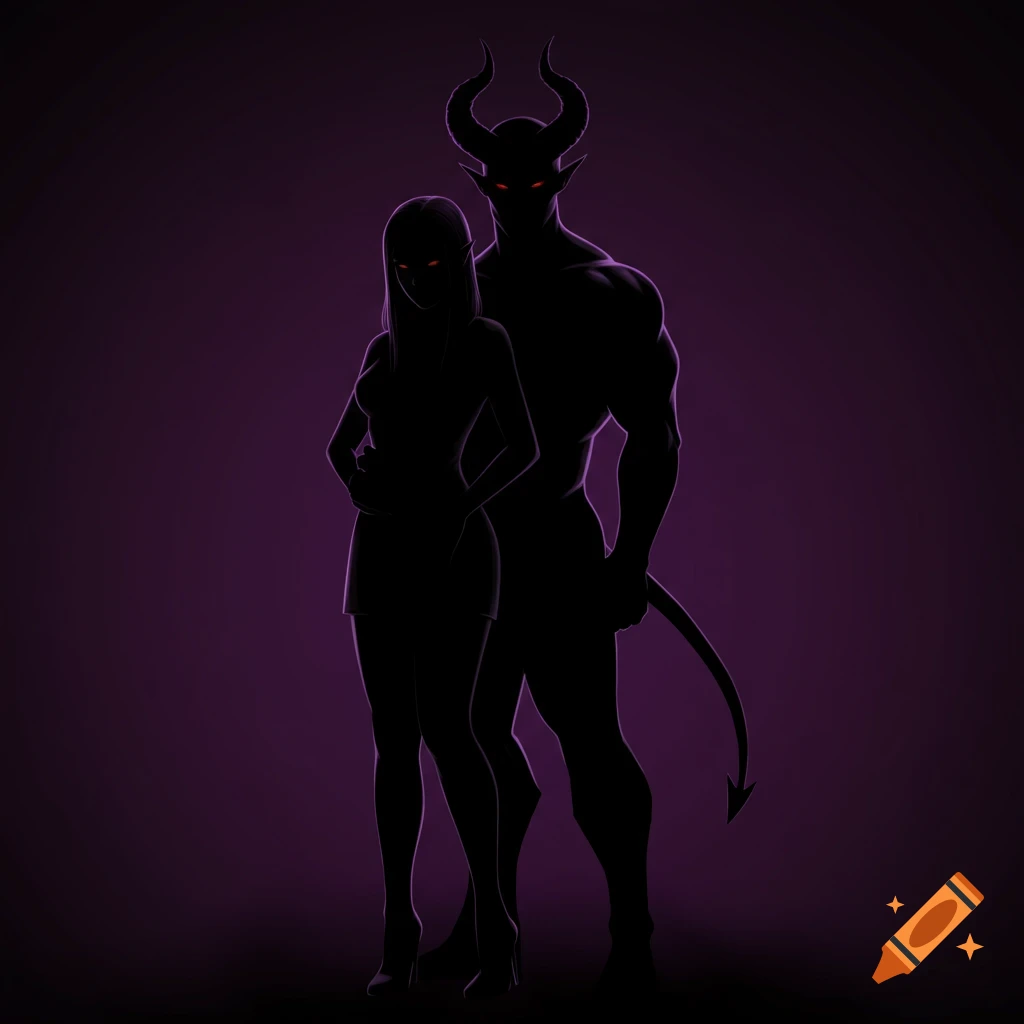 Black silhouettes of a horned devil man and a woman in a short dress and high heels, with glowing red eyes, against a dark purple background.