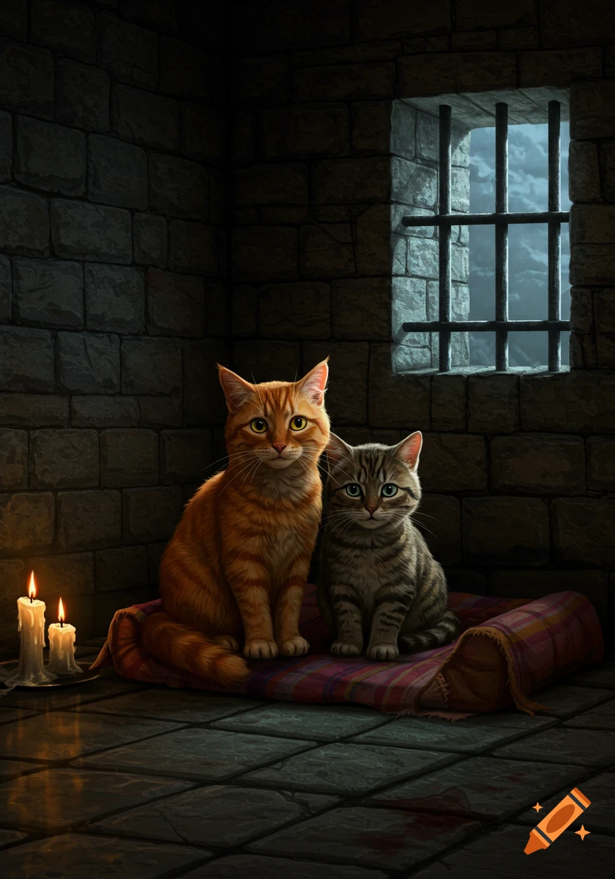 A ginger cat and a tabby cat sit on a blanket in a dimly lit stone prison cell, illuminated by candlelight and moonlight through a barred window.