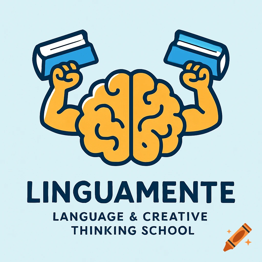 A vector logo of a stylized brain with muscular arms lifting books. Text reads 'Linguamente Language & Creative Thinking School'.