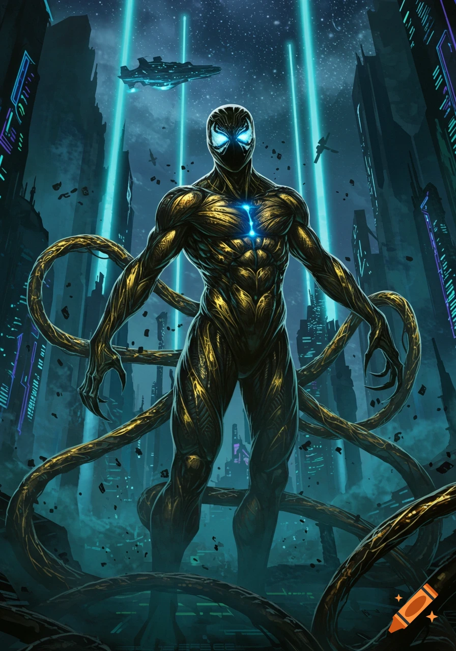Gold and black symbiote creature with glowing blue eyes and tendrils in a futuristic city with flying vehicles at night, comic book style.