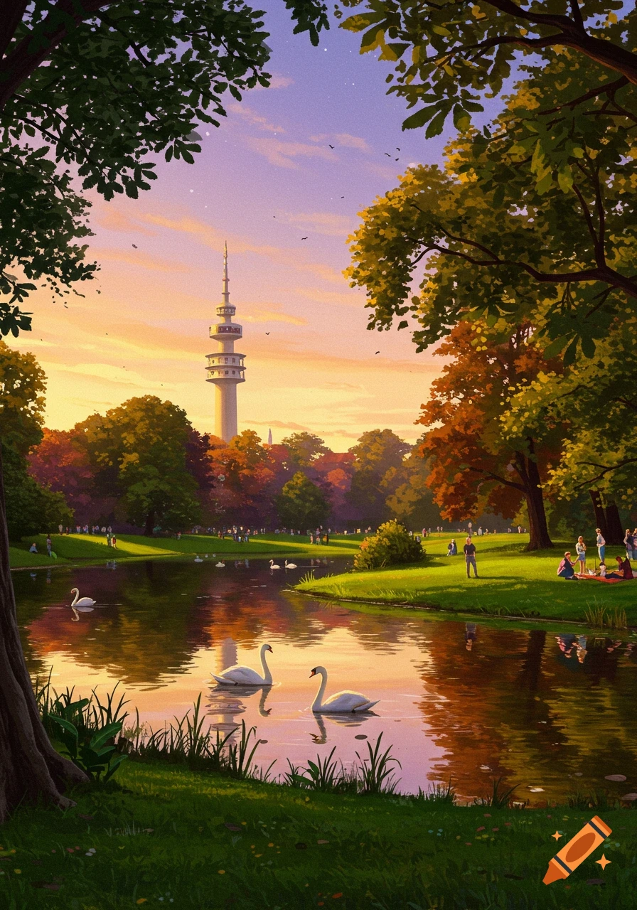 Vibrant illustration of a scenic park at sunset with a lake, swans, people, and a distant tower.