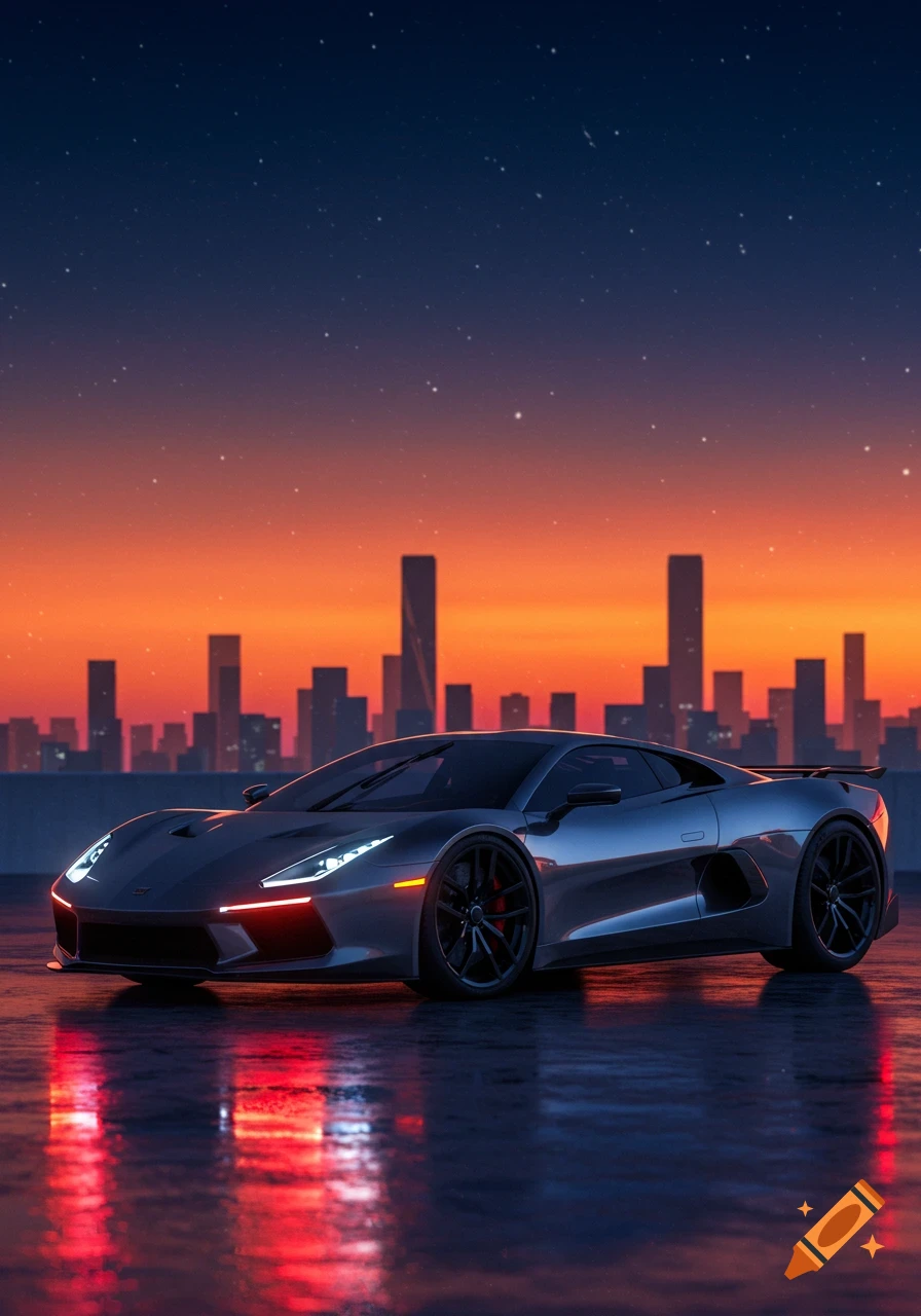 A sleek grey supercar with headlights on, parked on a wet surface reflecting red lights, against a vibrant sunset and city skyline.