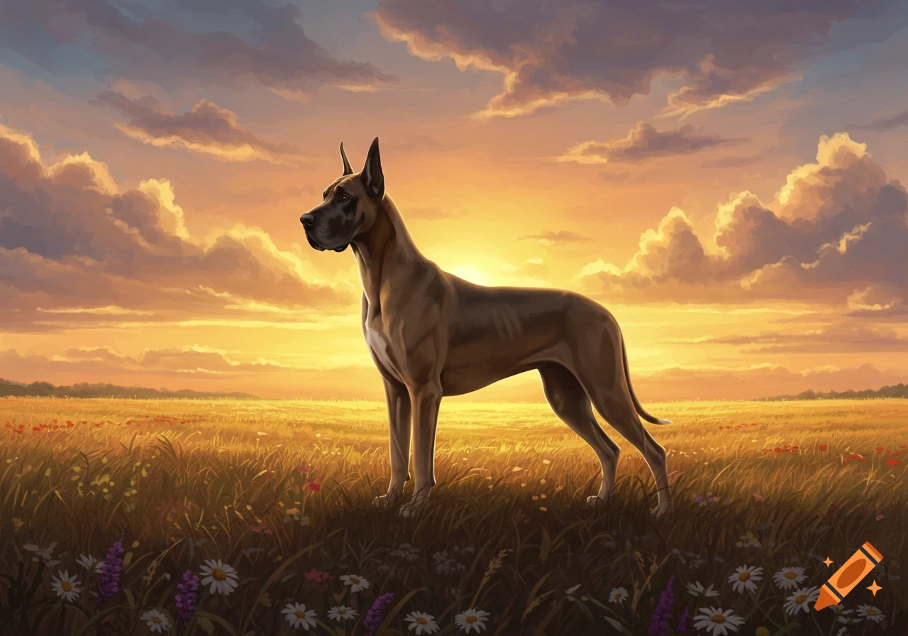 A majestic Great Dane stands in a sunlit golden field at sunset, rendered in a digital painting style.