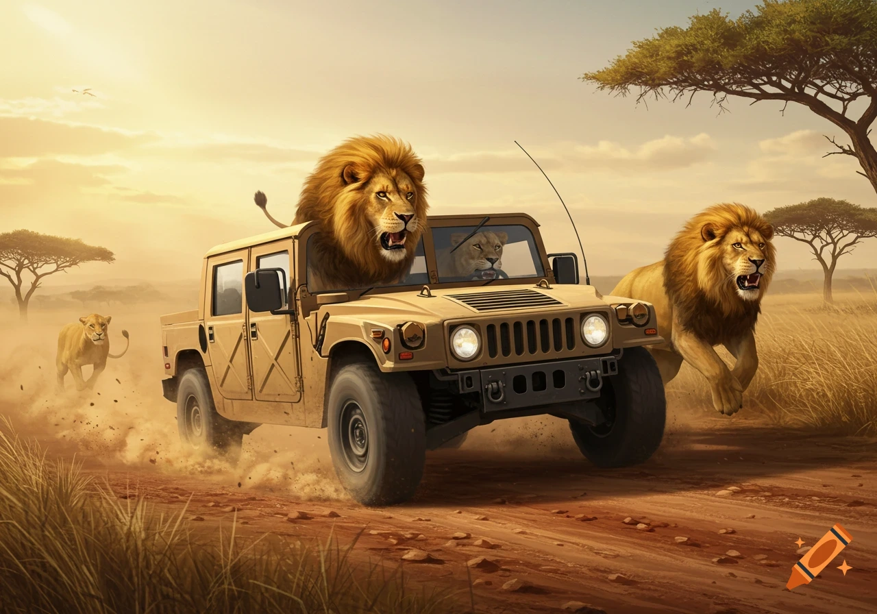 An illustrative drawing of a male lion standing in a tan Hum-Vee, driven by a lioness, while other lions chase in a dusty savanna.