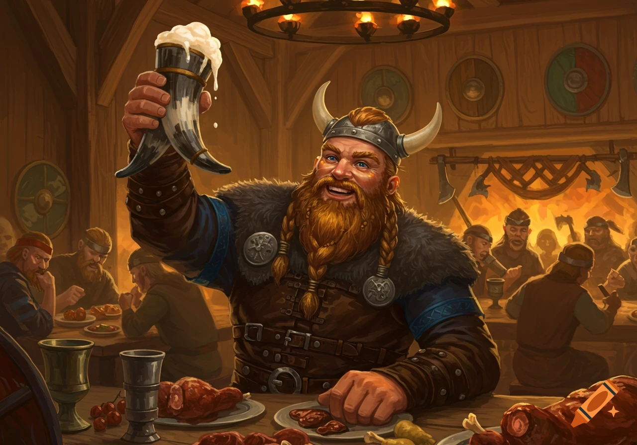 A jovial, bearded Viking raises a frothy drinking horn at a lively feast in a wooden hall, surrounded by other Vikings.
