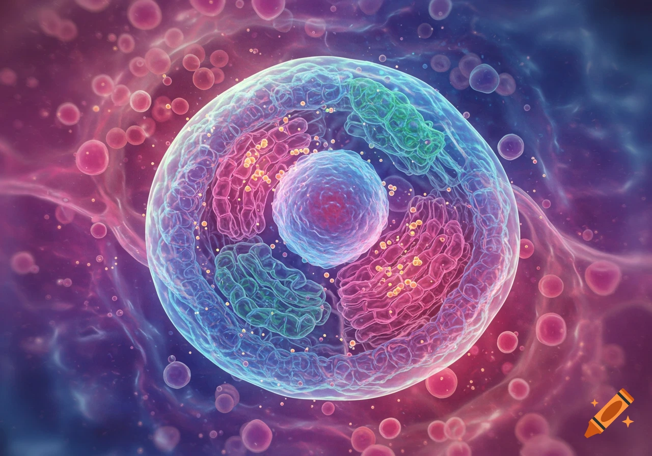 Detailed microscopic illustration of a vibrant animal eukaryotic cell with a nucleus, mitochondria, and other organelles.