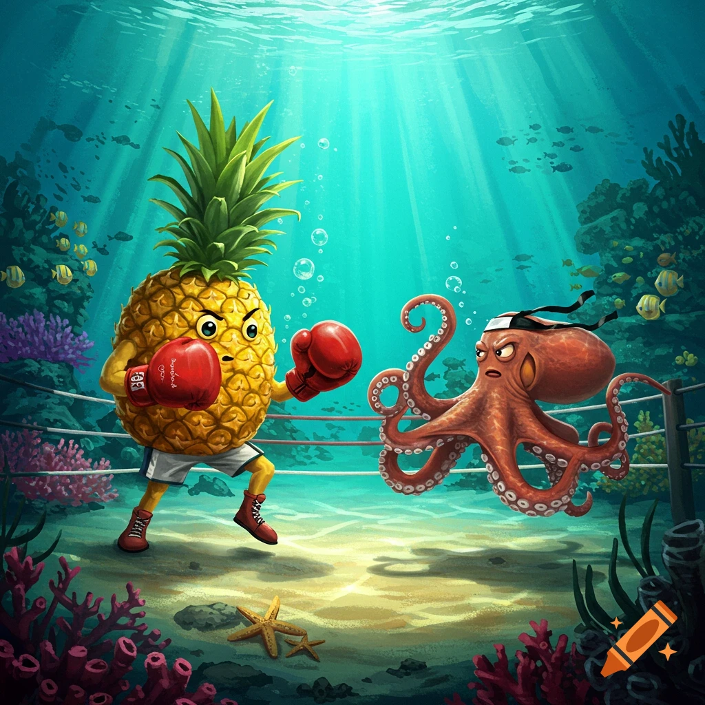A cartoon pineapple in boxing gloves and shorts fights an octopus in a boxing ring underwater.