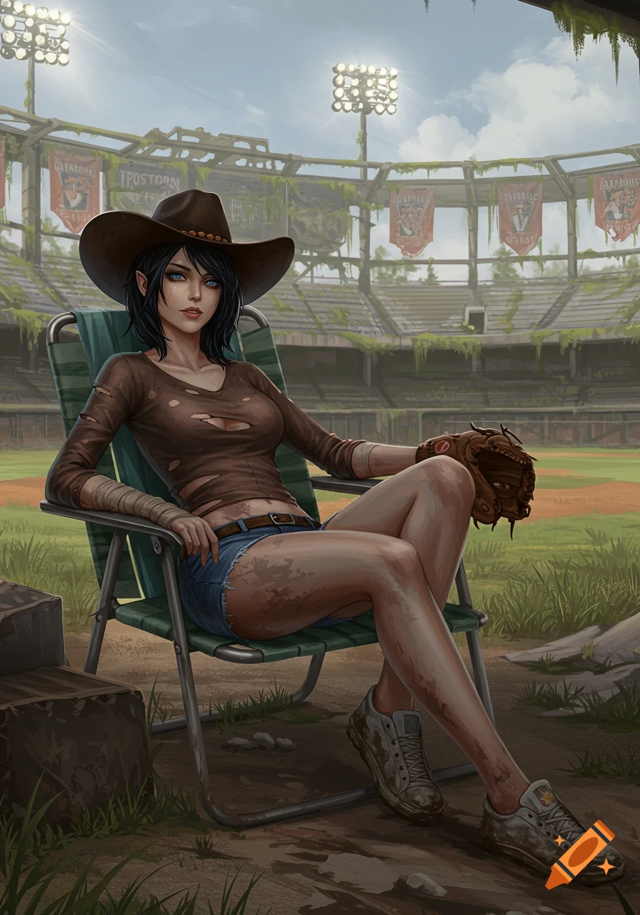 A dark-haired woman with pointed ears and a cowboy hat sits in a ruined baseball stadium, wearing a ripped shirt, shorts, and holding a baseball glove. Stylized illustration.