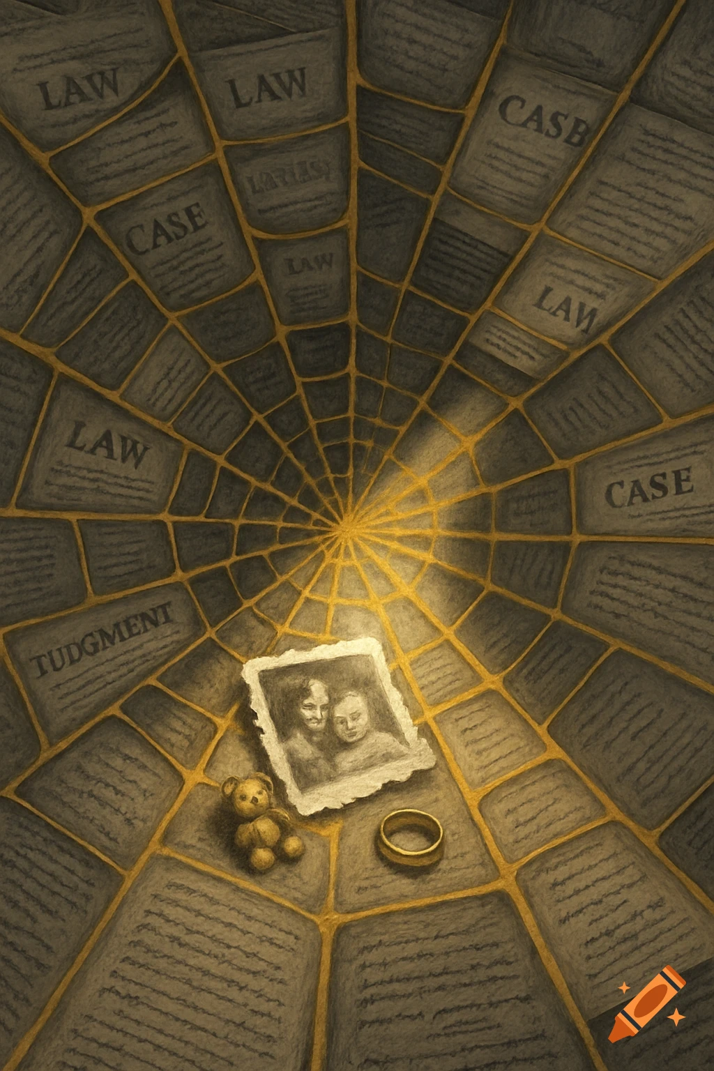 An emotional, symbolic illustration: a golden spiderweb of legal documents (LAW, CASE, JUDGMENT) converges on a framed photo, teddy bear, and ring.