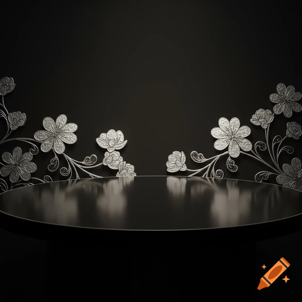 An elegant, dark reflective circular pedestal against a black background adorned with silver floral patterns.