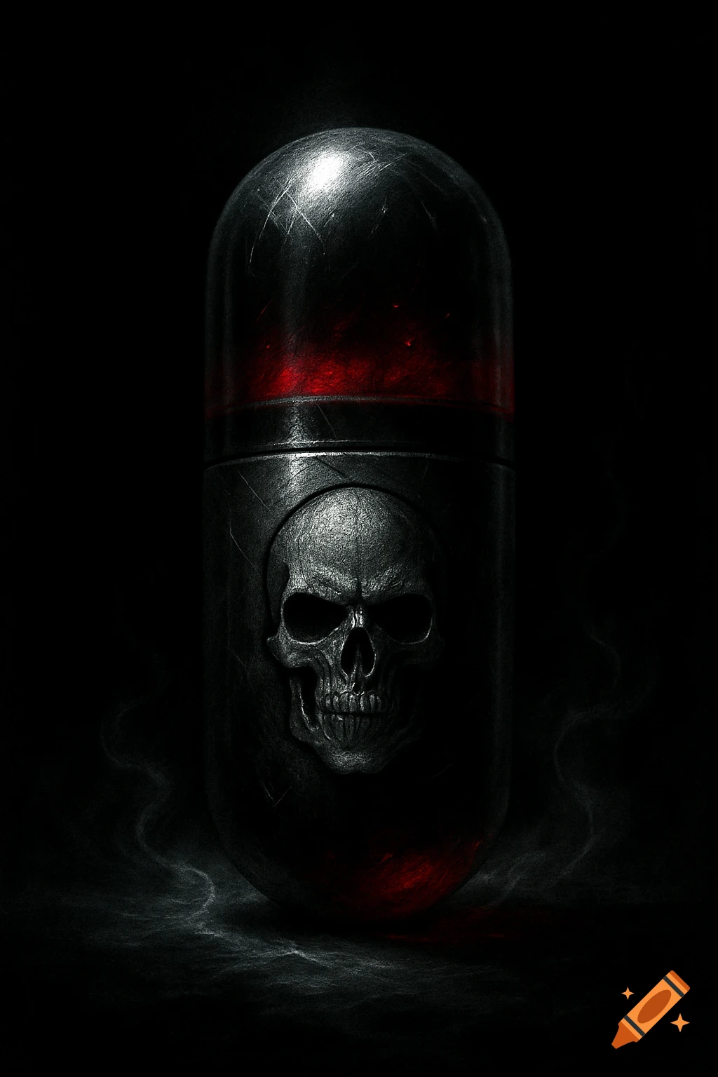 A dark, gritty image of a metallic pill capsule with an engraved skull, glowing red on a black background with wisps of smoke.