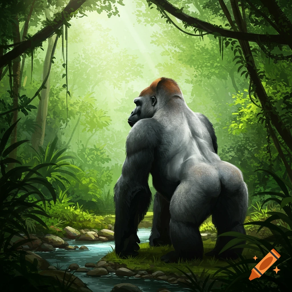 A large gorilla, viewed from the back, stands in a lush, sunlit jungle by a stream.