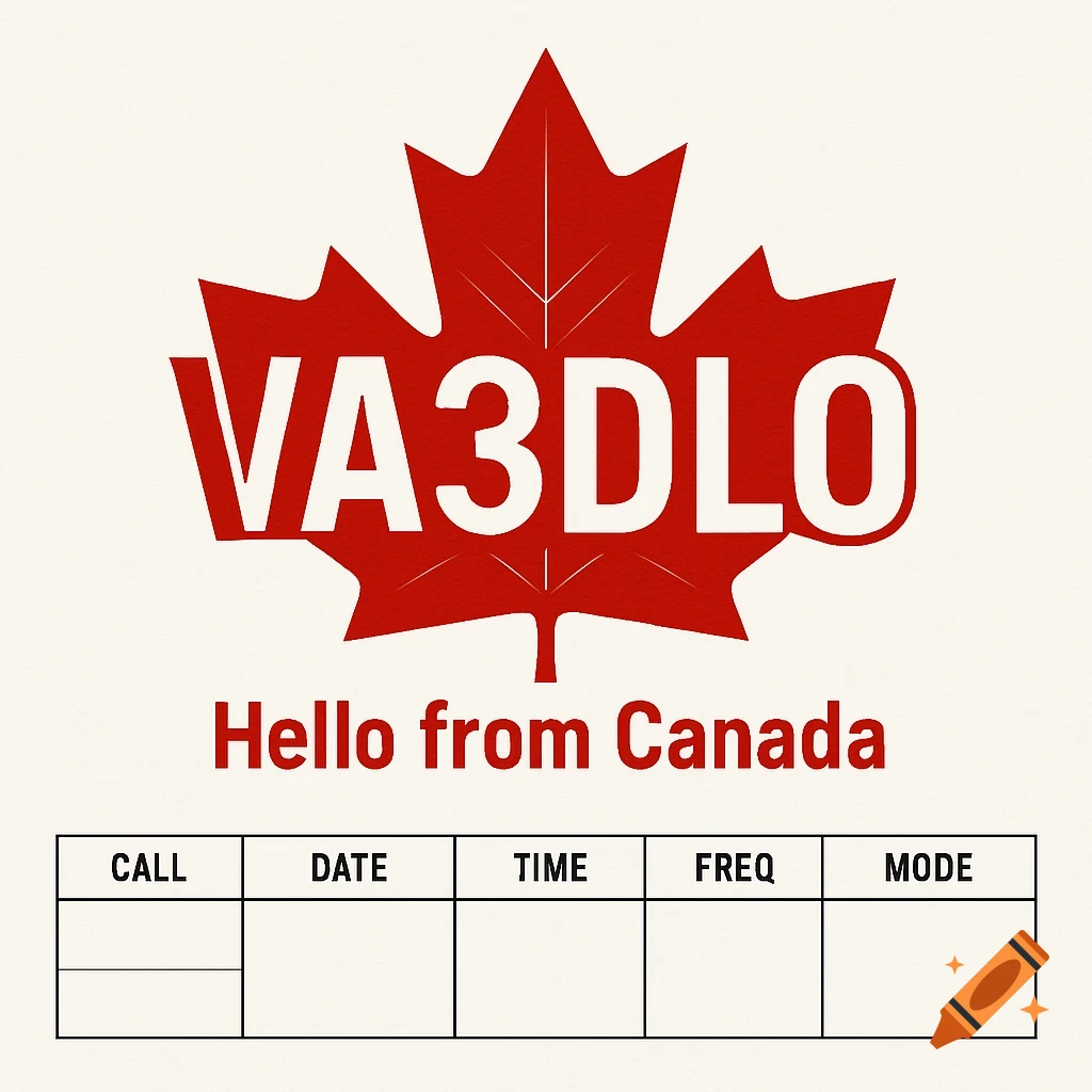 A red maple leaf with 'VA3DLO' and 'Hello from Canada' text, above a table for ham radio contact info, on a white background.