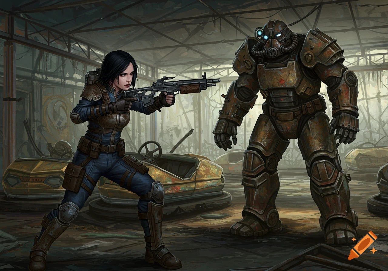 A woman in a blue vault suit aims a rifle at a bulky figure in rusty power armor within a ruined bumper car arena. Post-apocalyptic game art.