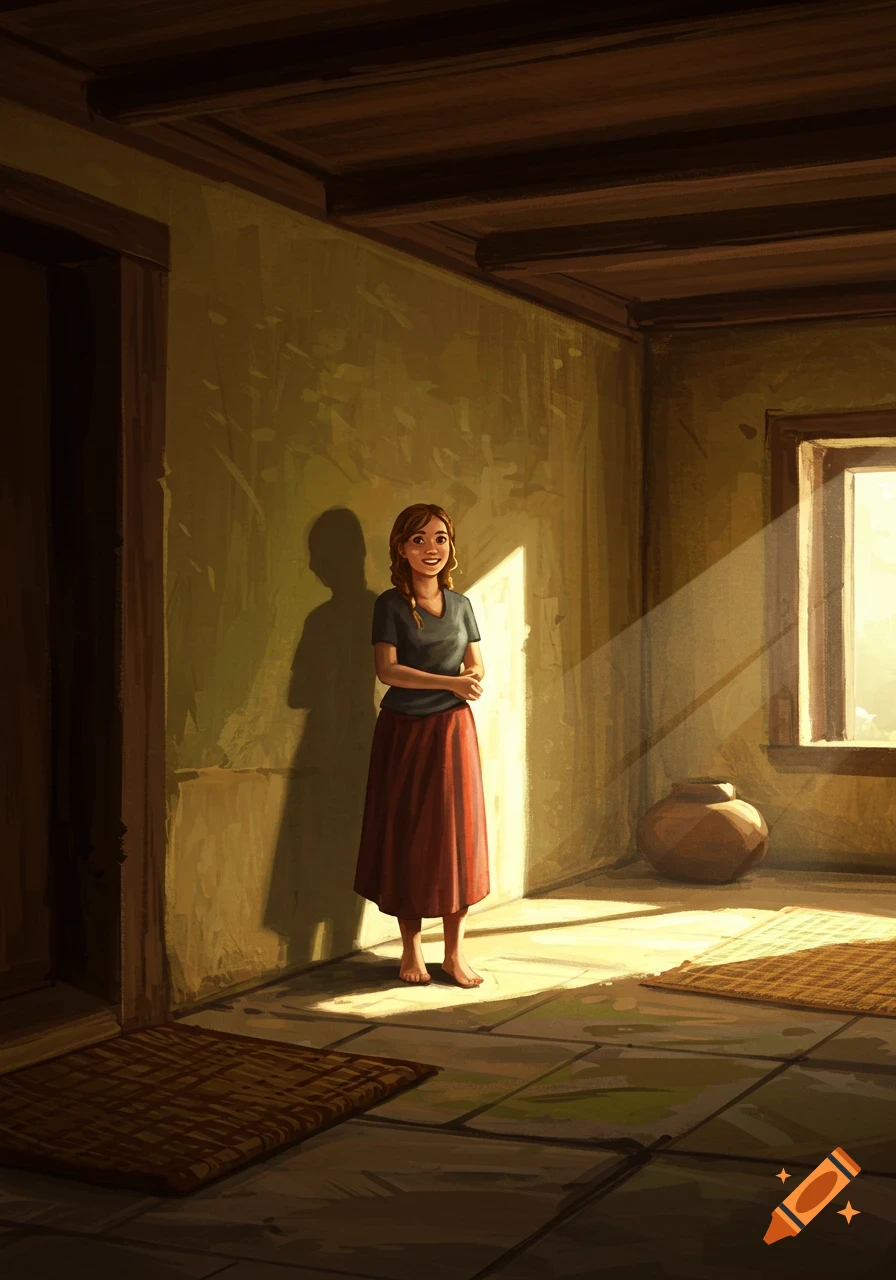 A friendly woman with braids stands barefoot in a simple, sunlit room, her shadow cast on the wall, in a painterly style.