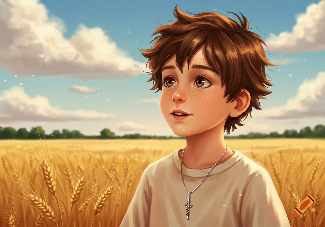 A stylized illustration of a young boy with brown hair looking up, wearing a necklace with a key-like charm, standing in a golden wheat field under a blue sky.