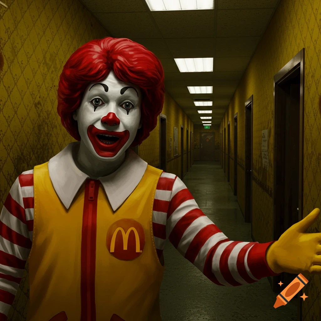 Creepy Ronald McDonald stands in a long, dimly lit yellow hallway with many doors and fluorescent lights.