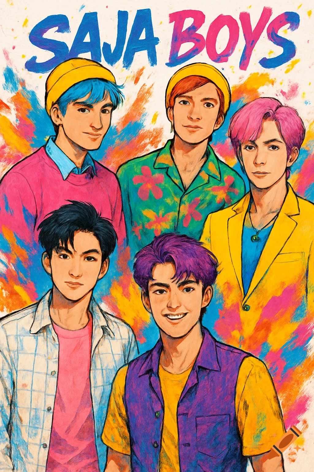 Five anime-style young men with colorful clothes and hair, against a paint-splattered background with 'SAJA BOYS' text.