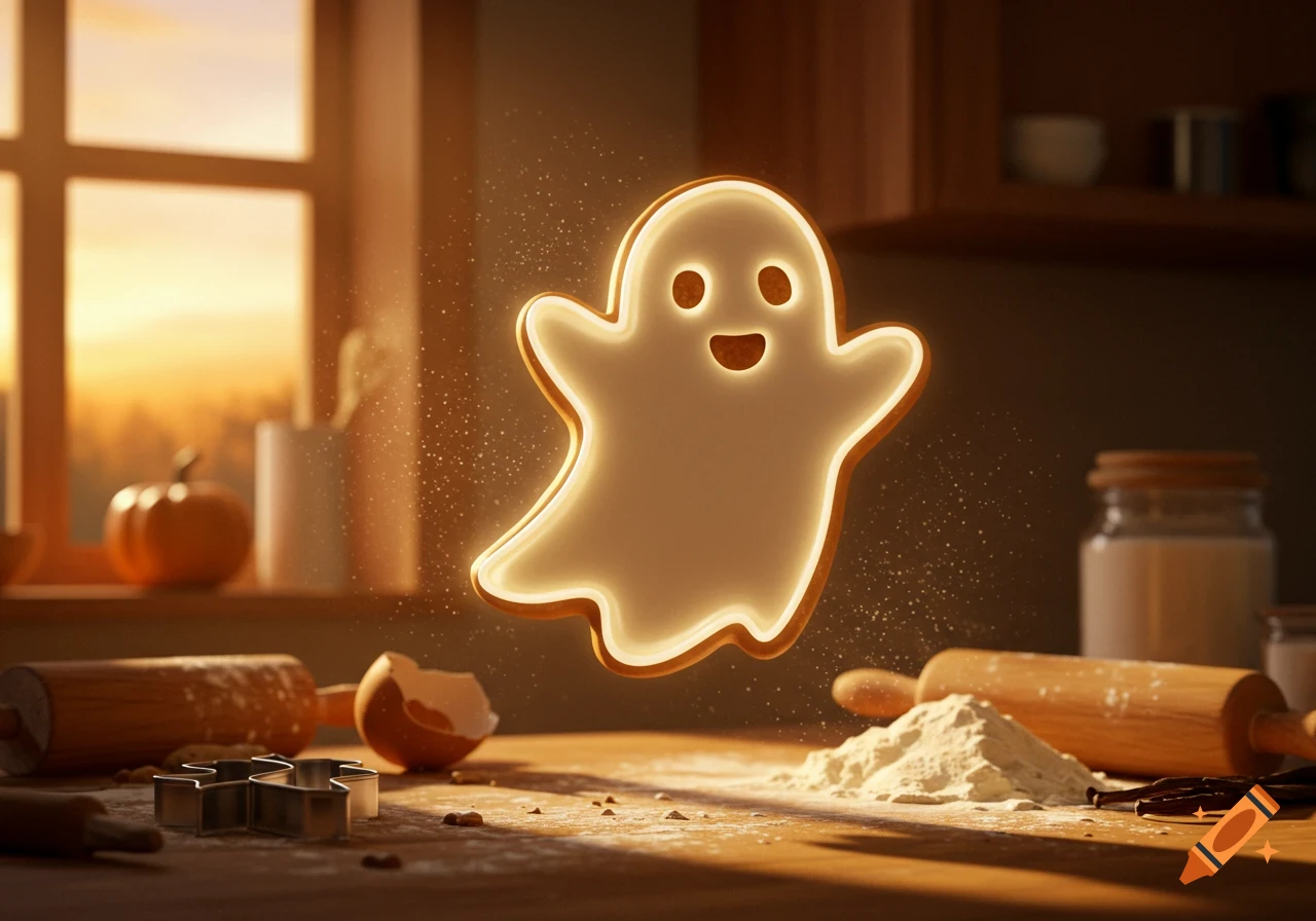 A glowing ghost cookie floats above a kitchen counter with flour and baking tools, bathed in warm sunset light.