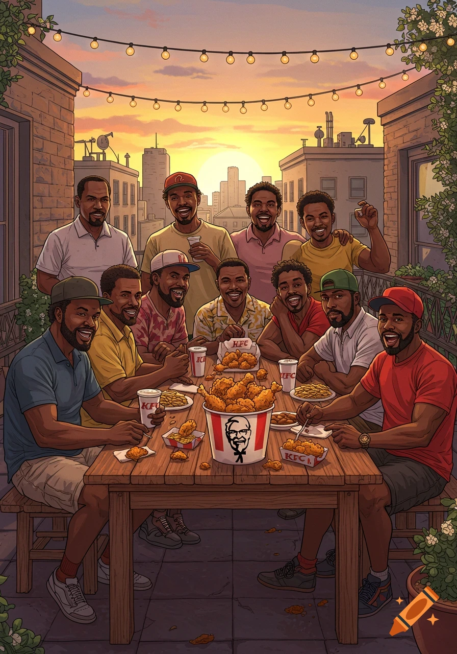 Ten smiling Black men gather around a table on a city rooftop, eating fried chicken from KFC buckets and cups at sunset. Cartoon illustration.