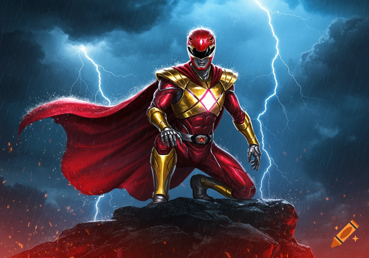 Red and gold Power Ranger kneels dramatically on a rock amidst a lightning storm, with fiery ground below.