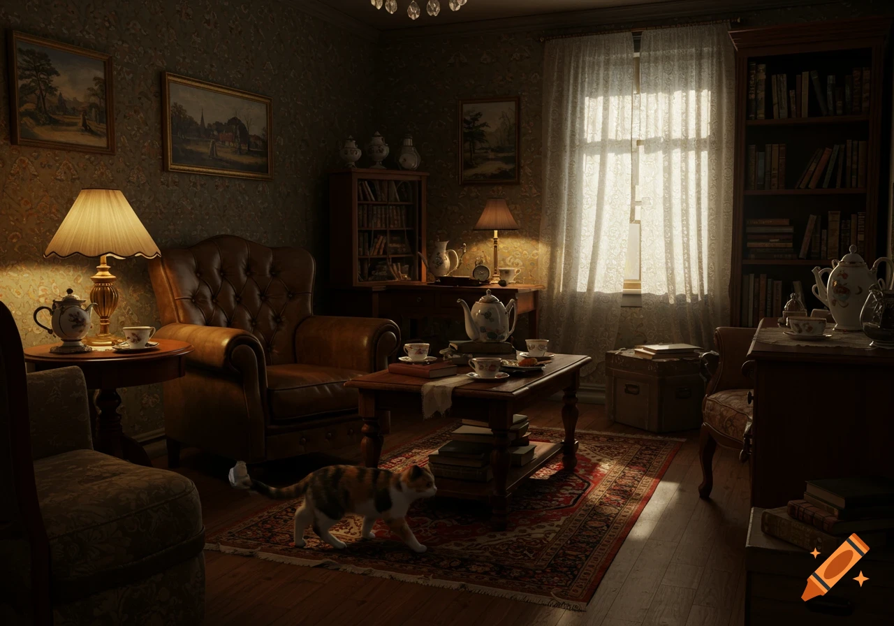 A dimly lit, vintage living room with antique furniture, warm lamps, a window with sheer curtains, and a calico cat walking on a rug.