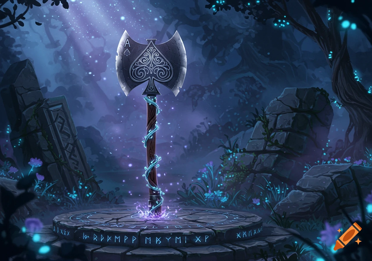 A fantasy axe with an ace of spades blade stands on a magical stone pedestal in a dark, glowing mystical forest under a light ray.
