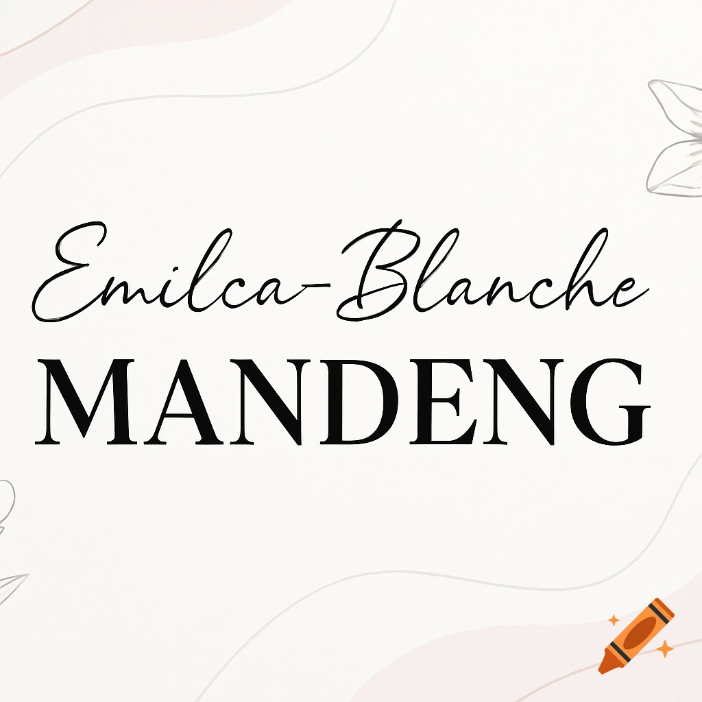 Text 'Emilca-Blanche MANDENG' in script and serif fonts on a light background with subtle pink waves and floral outlines.
