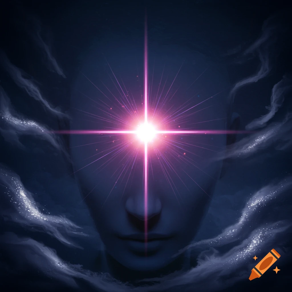 A stylized, featureless head with a bright, glowing purple and white light at the forehead, surrounded by wispy dark clouds.