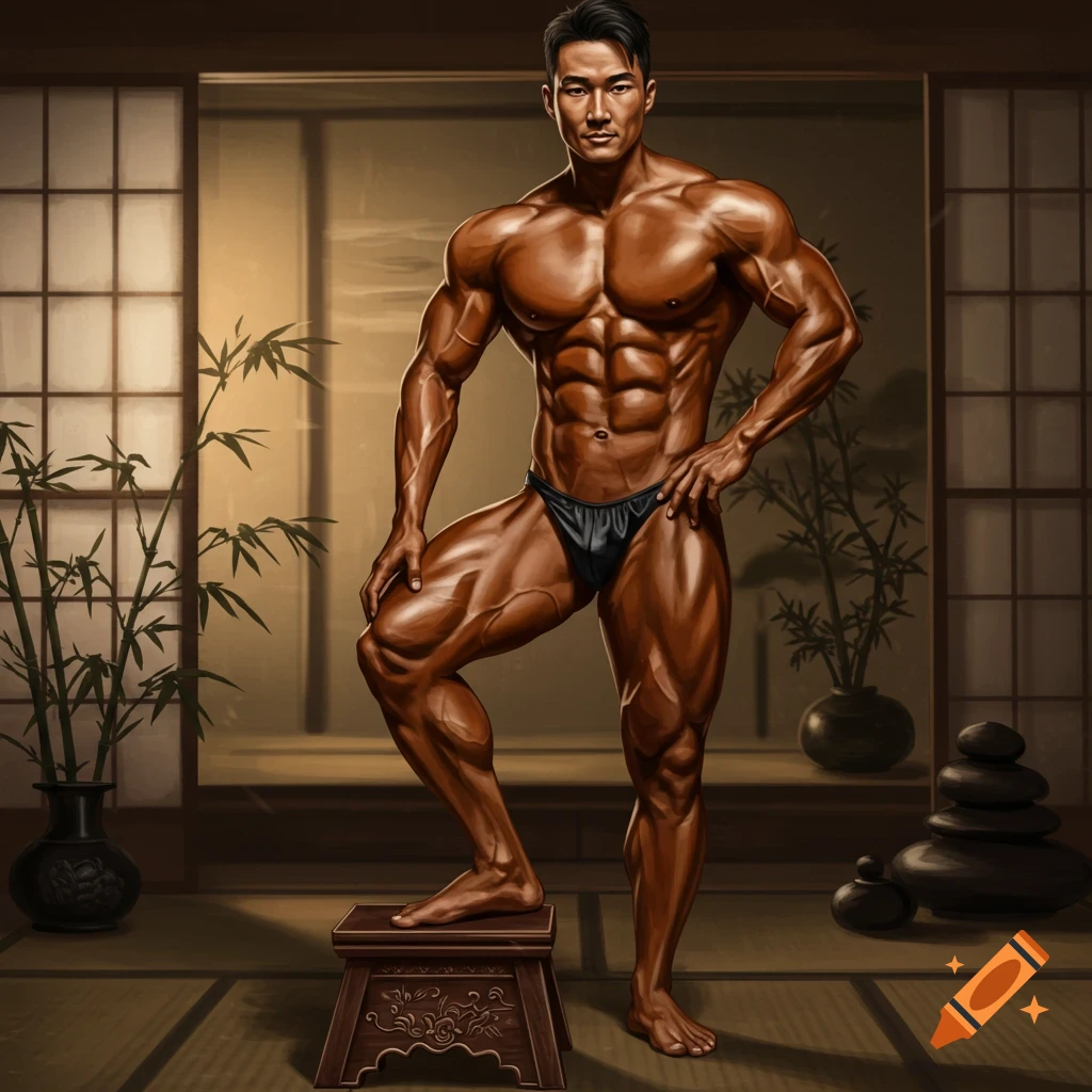 A muscular Asian male bodybuilder poses with one foot on a stool in a traditional Japanese room. Photorealistic.