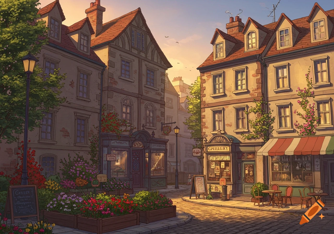 An anime-style illustration of a cozy European street with charming buildings, shops, and flower beds under a warm sunset glow.