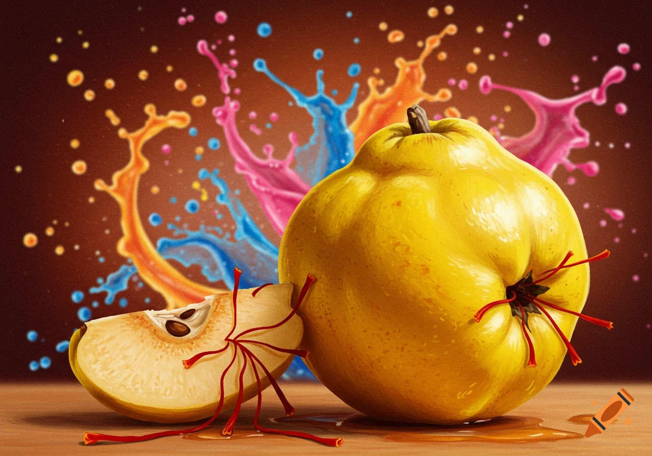 A bright yellow quince and a slice with red saffron threads on a table, with colorful splashes in the background, in a painterly style.