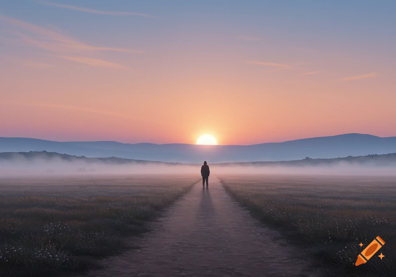 A silhouetted person stands on a path stretching towards a bright sunrise or sunset over a misty field with distant mountains.