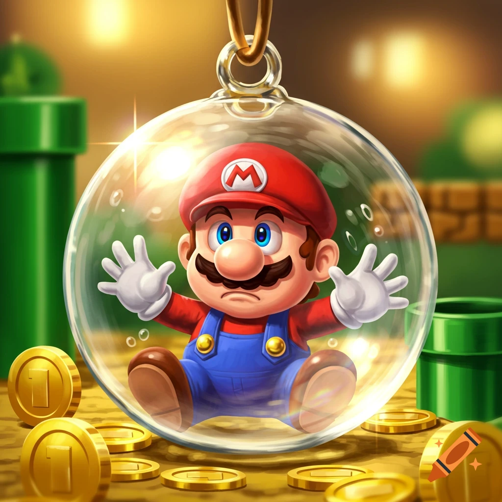 Super Mario, with a worried expression, is trapped inside a sparkling glass ornament surrounded by gold coins and green pipes.