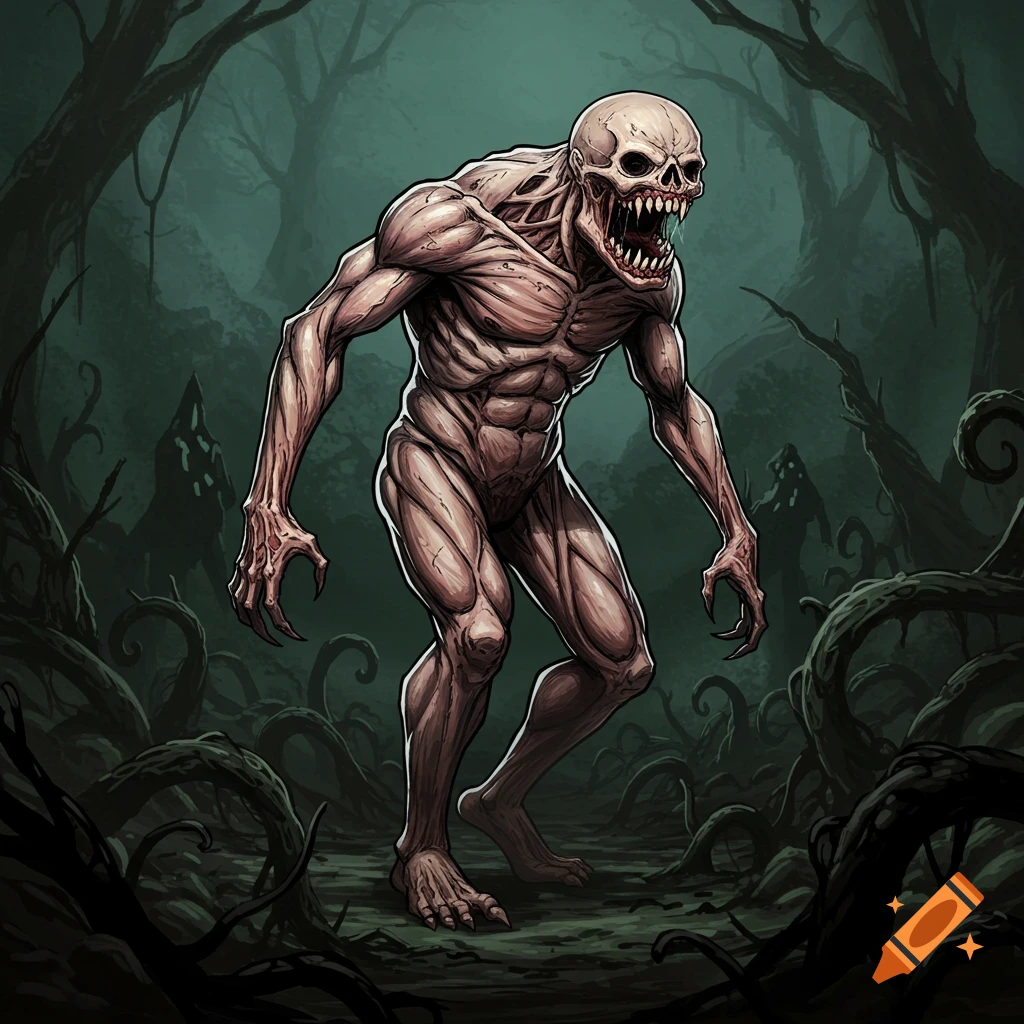 A creepy, muscular, skinless humanoid creature with a skull head and sharp teeth stands in a dark, twisted forest.