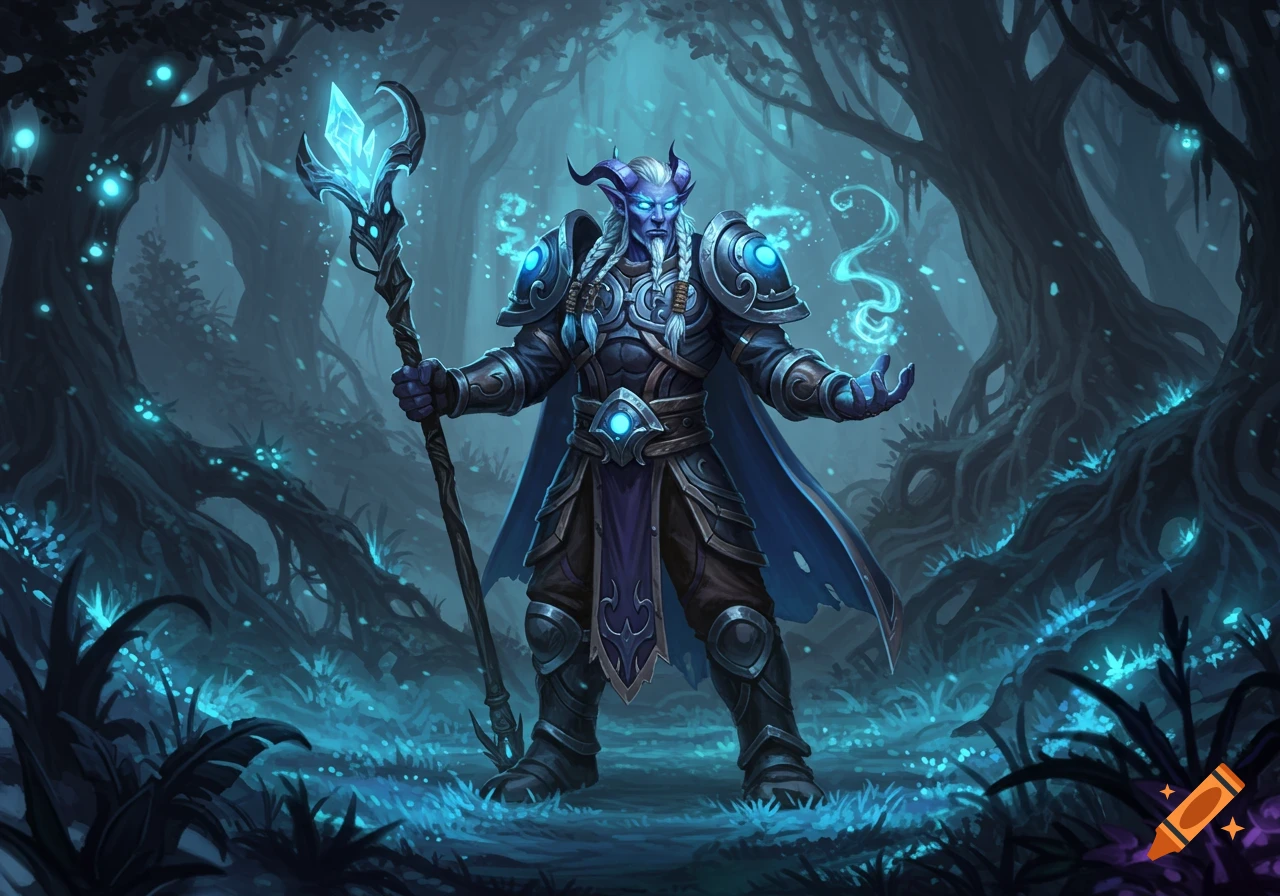 A blue-skinned Draenei shaman with horns, white braids, and ornate armor stands in a glowing magical forest, holding a crystal staff and casting magic.