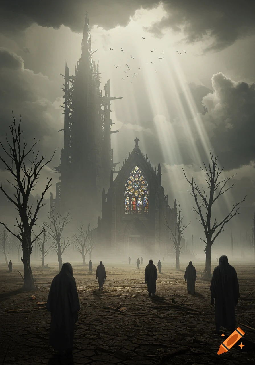 Robed figures walk towards a ruined, towering gothic cathedral with stained glass windows under a dramatic, misty sky with sun rays.