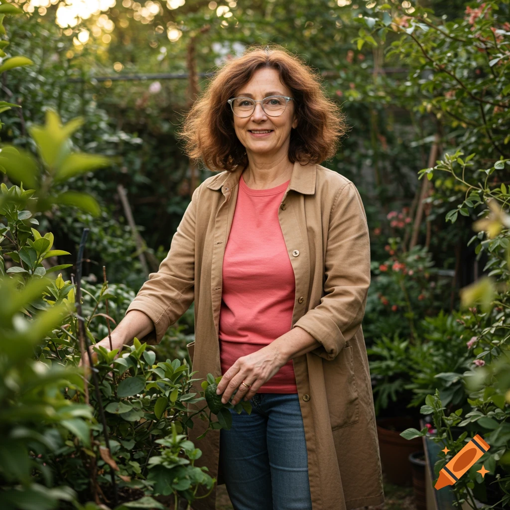 Photorealistic portrait of a smiling older woman with glasses, tending plants in a sunny garden.