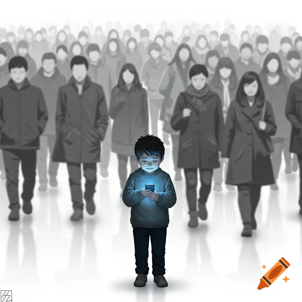 A crying boy illuminated by his phone in the middle of a monochromatic crowd, illustration.