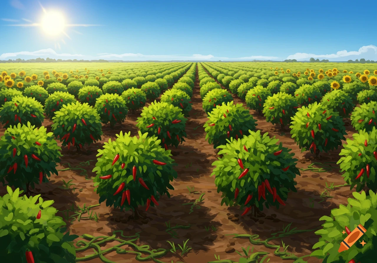Stylized illustration of rows of green chili pepper plants in a field under a sunny blue sky, with sunflowers in the background.
