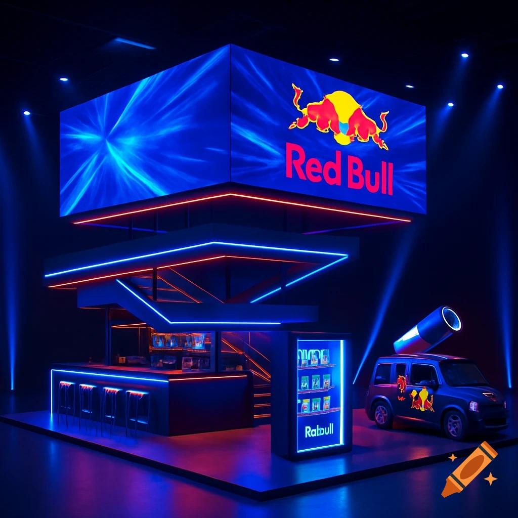 Futuristic Red Bull exhibition stand at night with blue and red neon lights, a bar, large display screen, and a branded car.