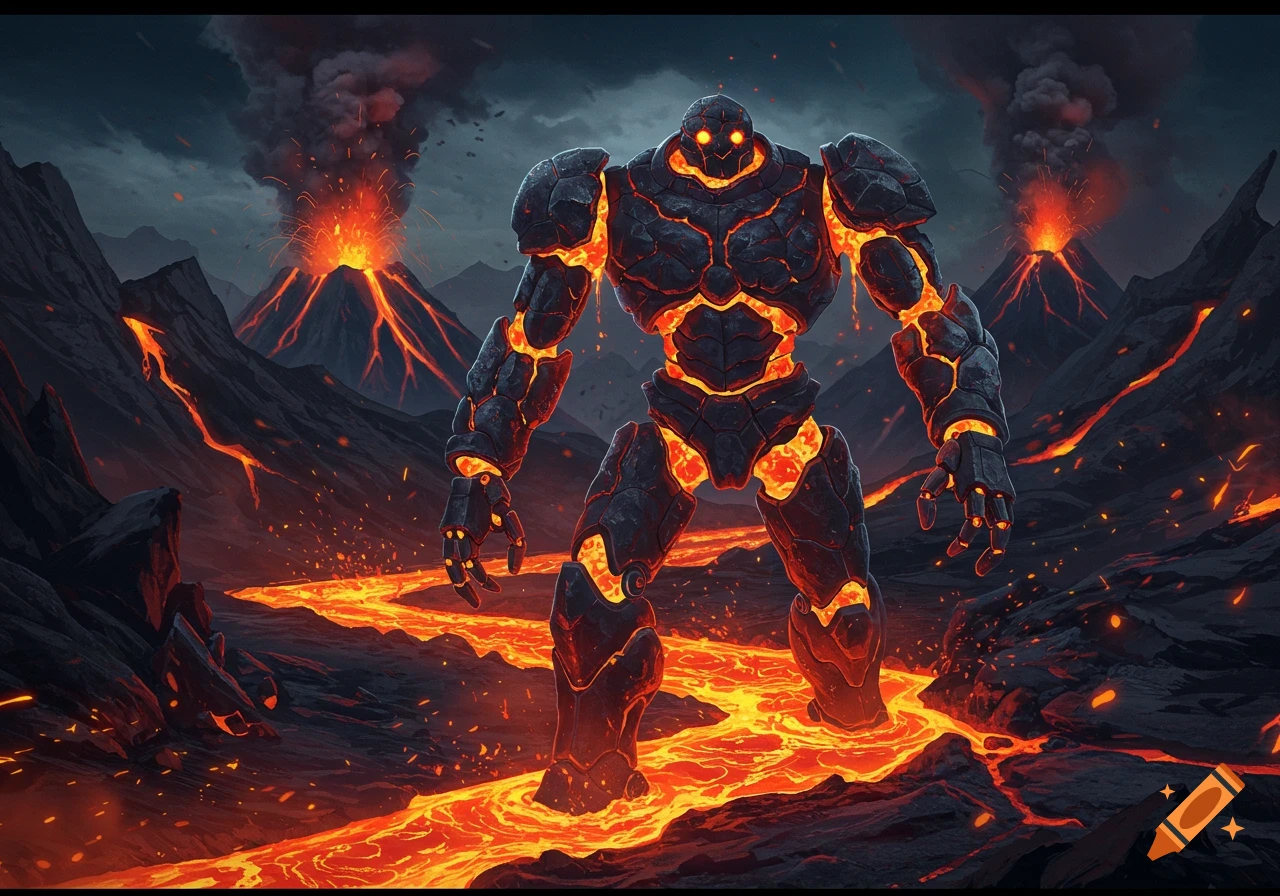 A powerful, glowing magma robot stands amidst a volcanic landscape with erupting volcanoes and rivers of lava.