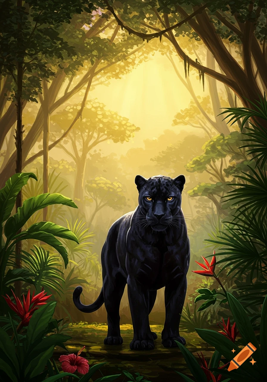 A black panther with yellow eyes stands in a lush, sunlit jungle with tropical plants and red flowers.