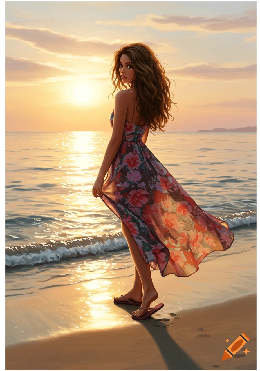 An illustration of a woman with long wavy brown hair wearing a flowery dress and flip-flops, standing on a sandy beach at sunset.