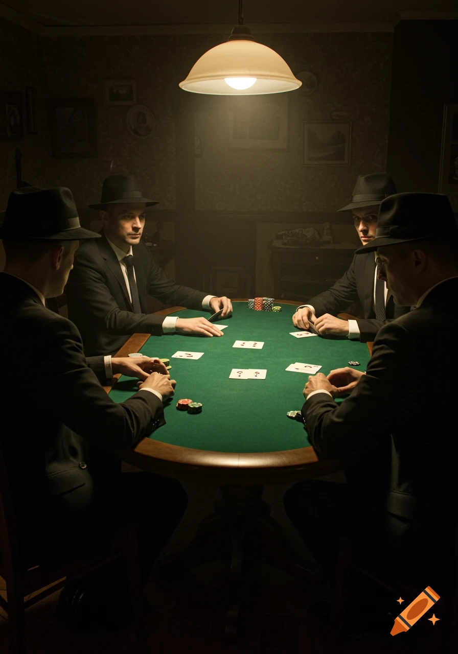 Four men in black suits and fedoras play poker at a green table in a dimly lit, vintage-style room.