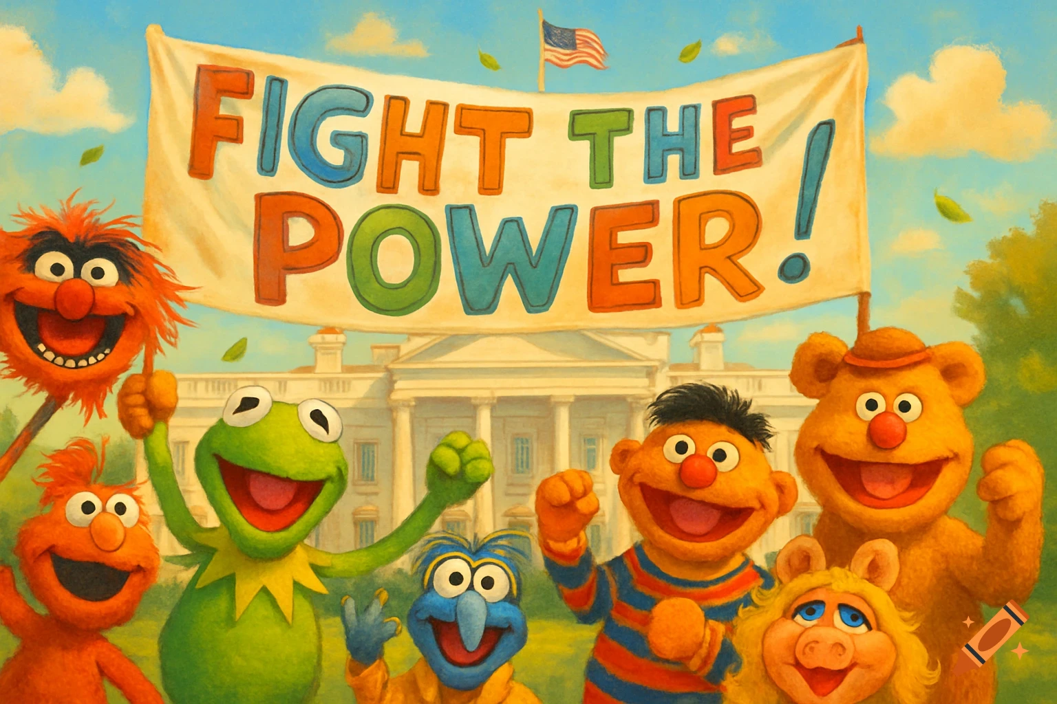 A colorful cartoon of Muppet characters protesting in front of the White House, holding a banner that reads "Fight the Power!"